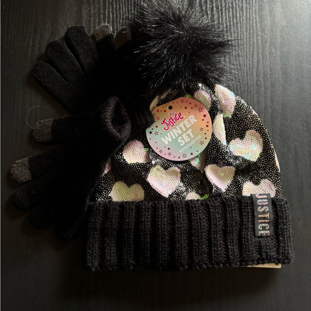 Justice Black and White Mittens Set For Girls